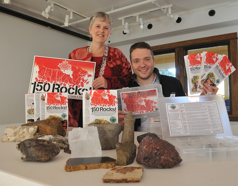 150 Rocks project display with Canadian geological specimens, brochures and educational materials