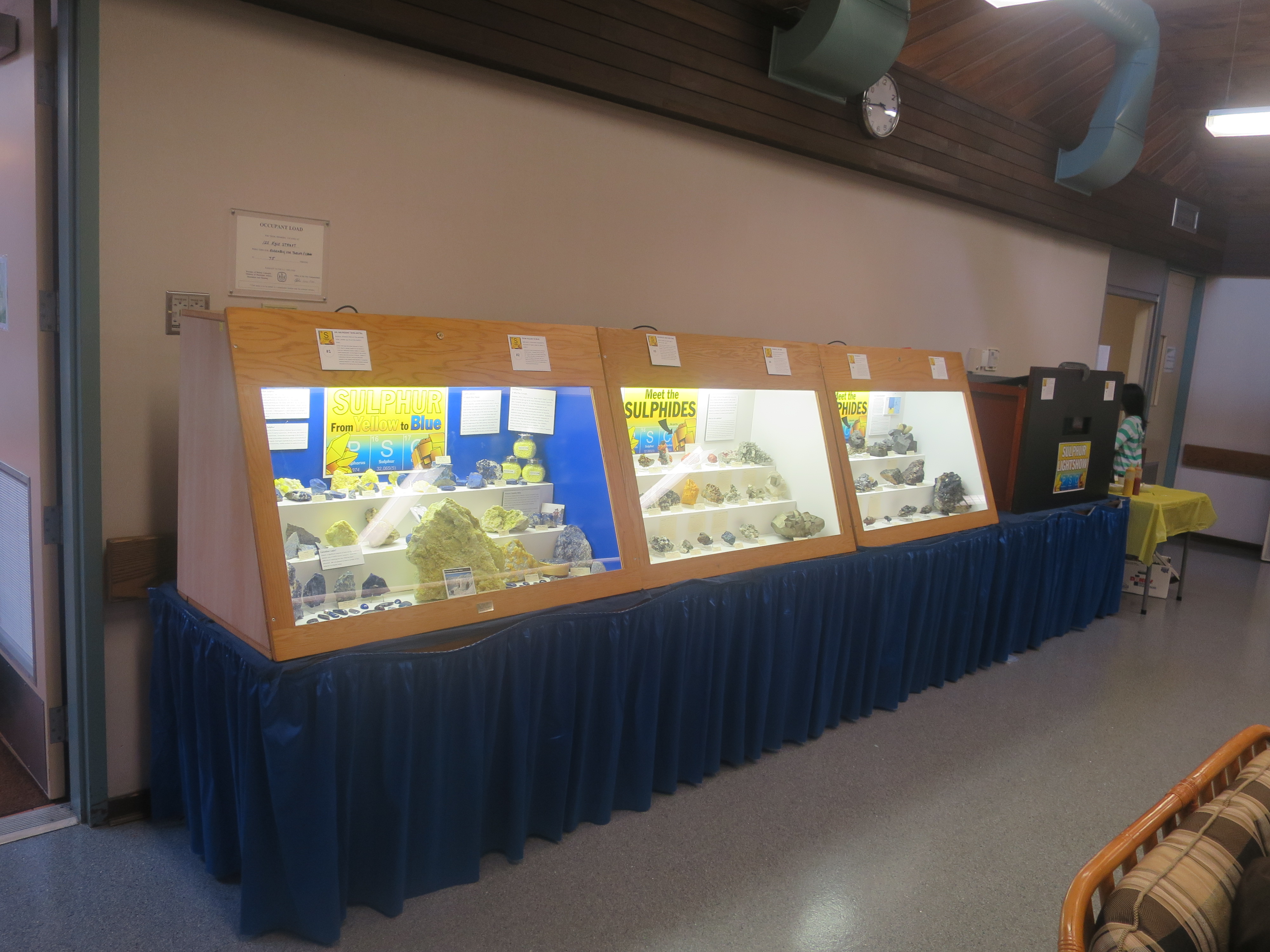 Three main Seeking Sulphur display cases at the 2016 Port Moody Rock and Gem Show